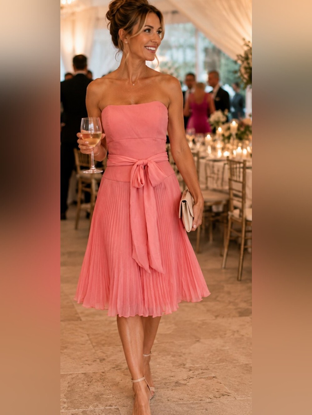 Bari Jay Strapless Pleated Chiffon Midi Dress Tulip Pink Bridesmaid Formal Prom